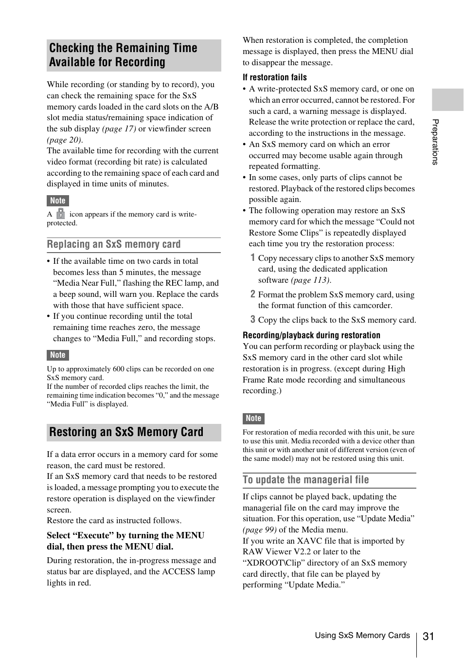 Restoring an sxs memory card, Checking the remaining time available for, Recording | Sony LA-EA5 A-Mount to E-Mount Adapter User Manual | Page 31 / 150
