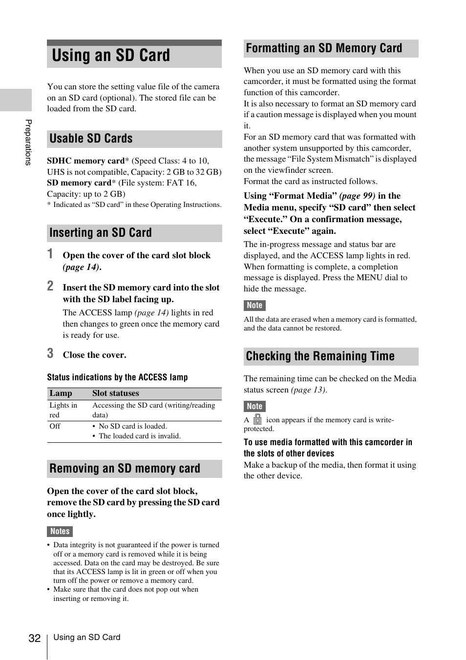 Using an sd card, Usable sd cards, Inserting an sd card | Removing an sd memory card, Formatting an sd memory card, Checking the remaining time, Usable sd cards inserting an sd card | Sony LA-EA5 A-Mount to E-Mount Adapter User Manual | Page 32 / 150