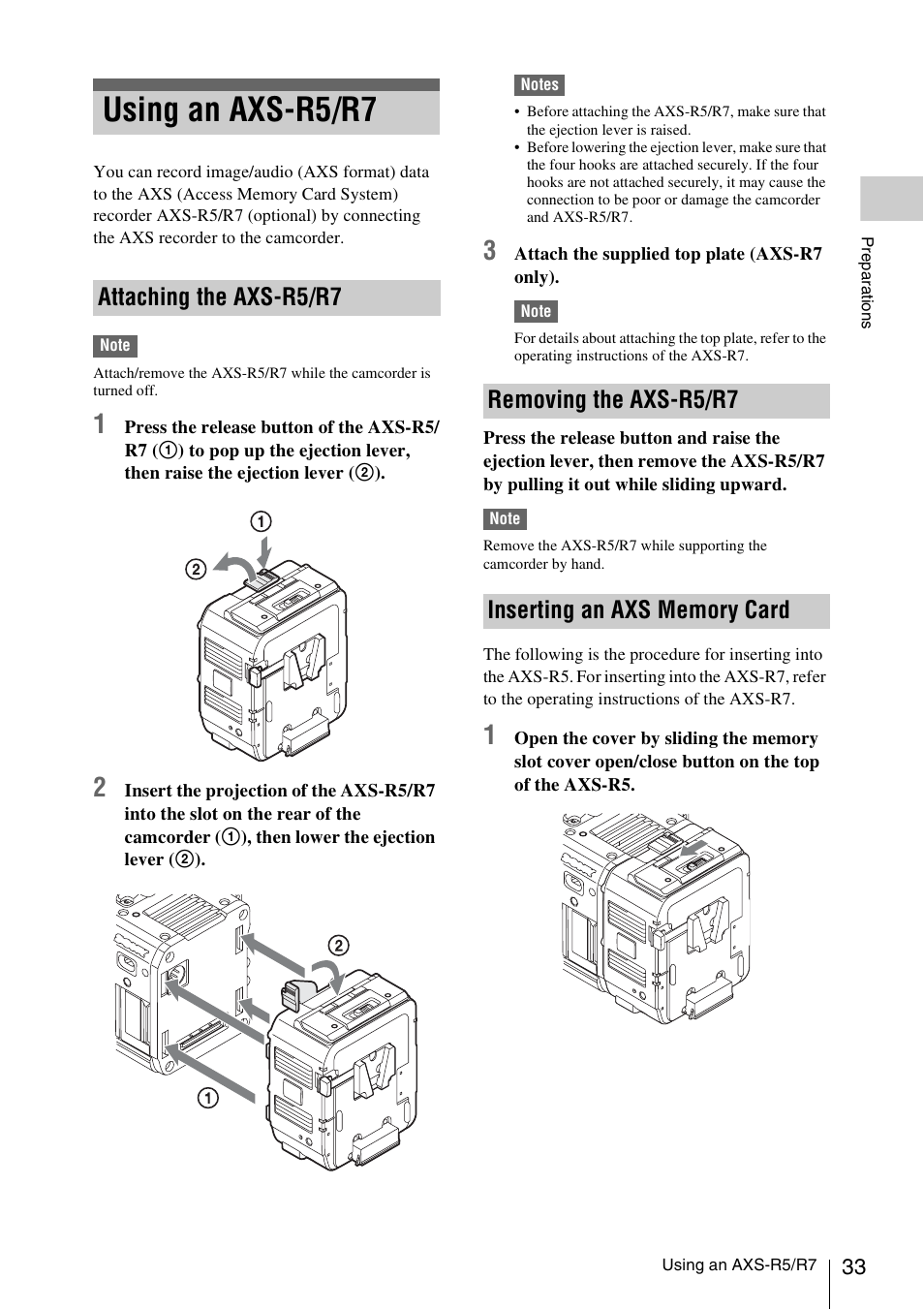 Using an axs-r5/r7, Attaching the axs-r5/r7, Removing the axs-r5/r7 | Inserting an axs memory card | Sony LA-EA5 A-Mount to E-Mount Adapter User Manual | Page 33 / 150