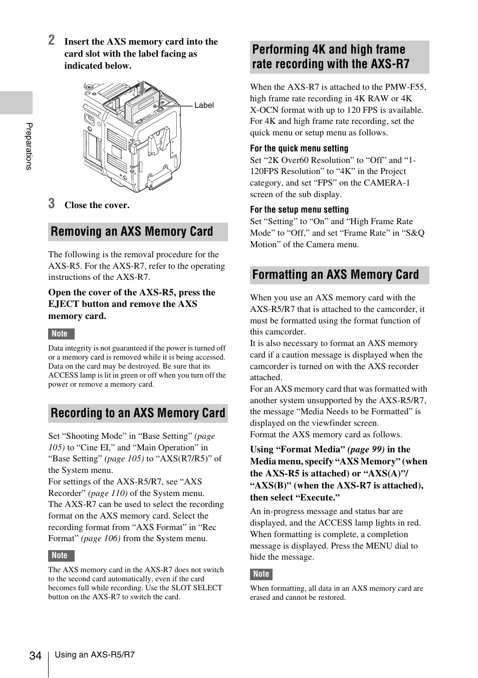 Removing an axs memory card, Recording to an axs memory card, Formatting an axs memory card | Axs-r7 | Sony LA-EA5 A-Mount to E-Mount Adapter User Manual | Page 34 / 150