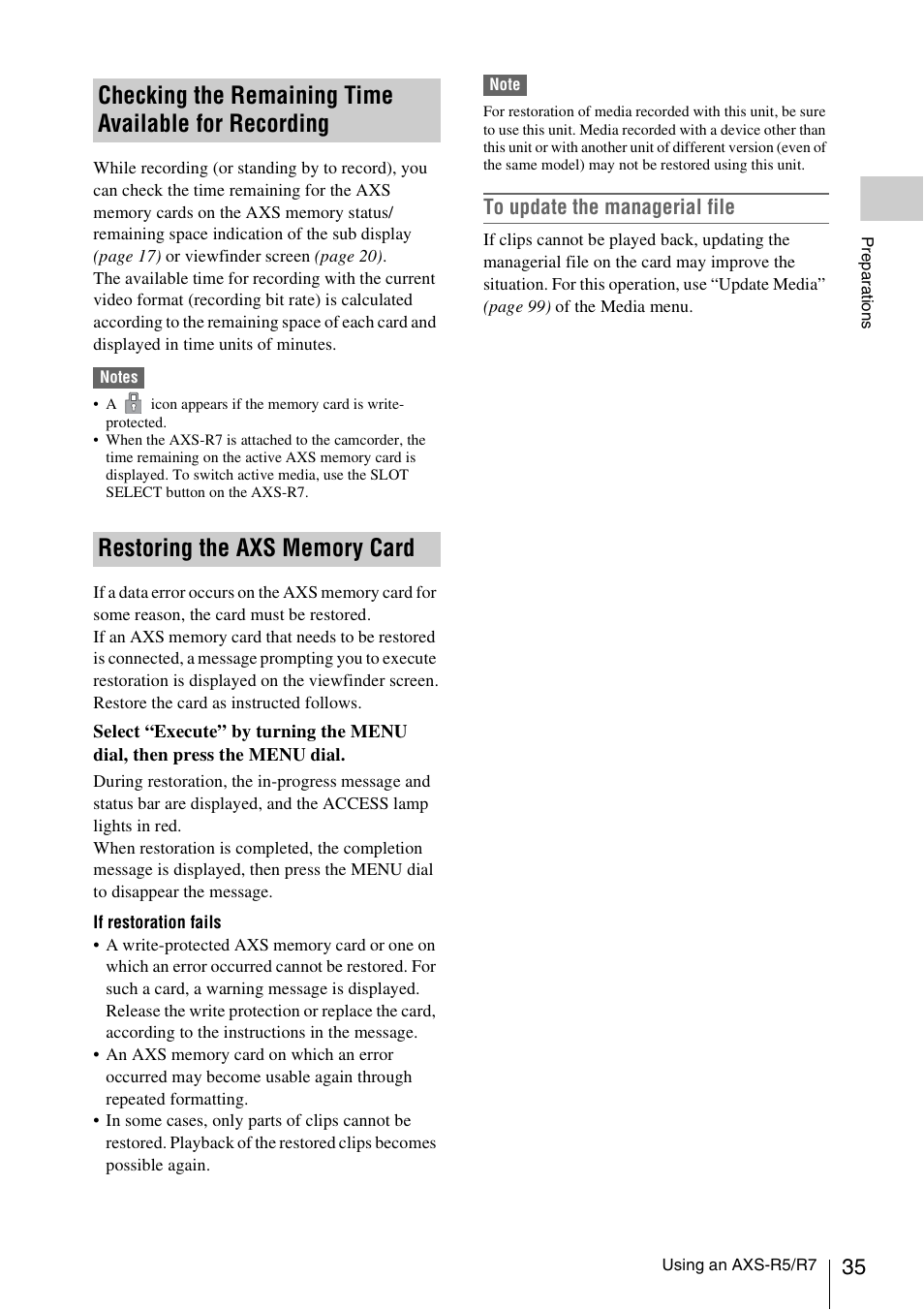 Restoring the axs memory card, Checking the remaining time available for, Recording | Sony LA-EA5 A-Mount to E-Mount Adapter User Manual | Page 35 / 150