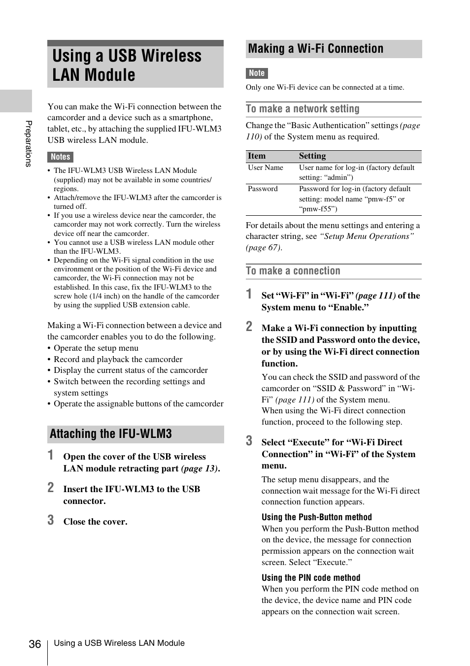 Using a usb wireless lan module, Attaching the ifu-wlm3, Making a wi-fi connection | Attaching the ifu-wlm3 making a wi-fi connection | Sony LA-EA5 A-Mount to E-Mount Adapter User Manual | Page 36 / 150