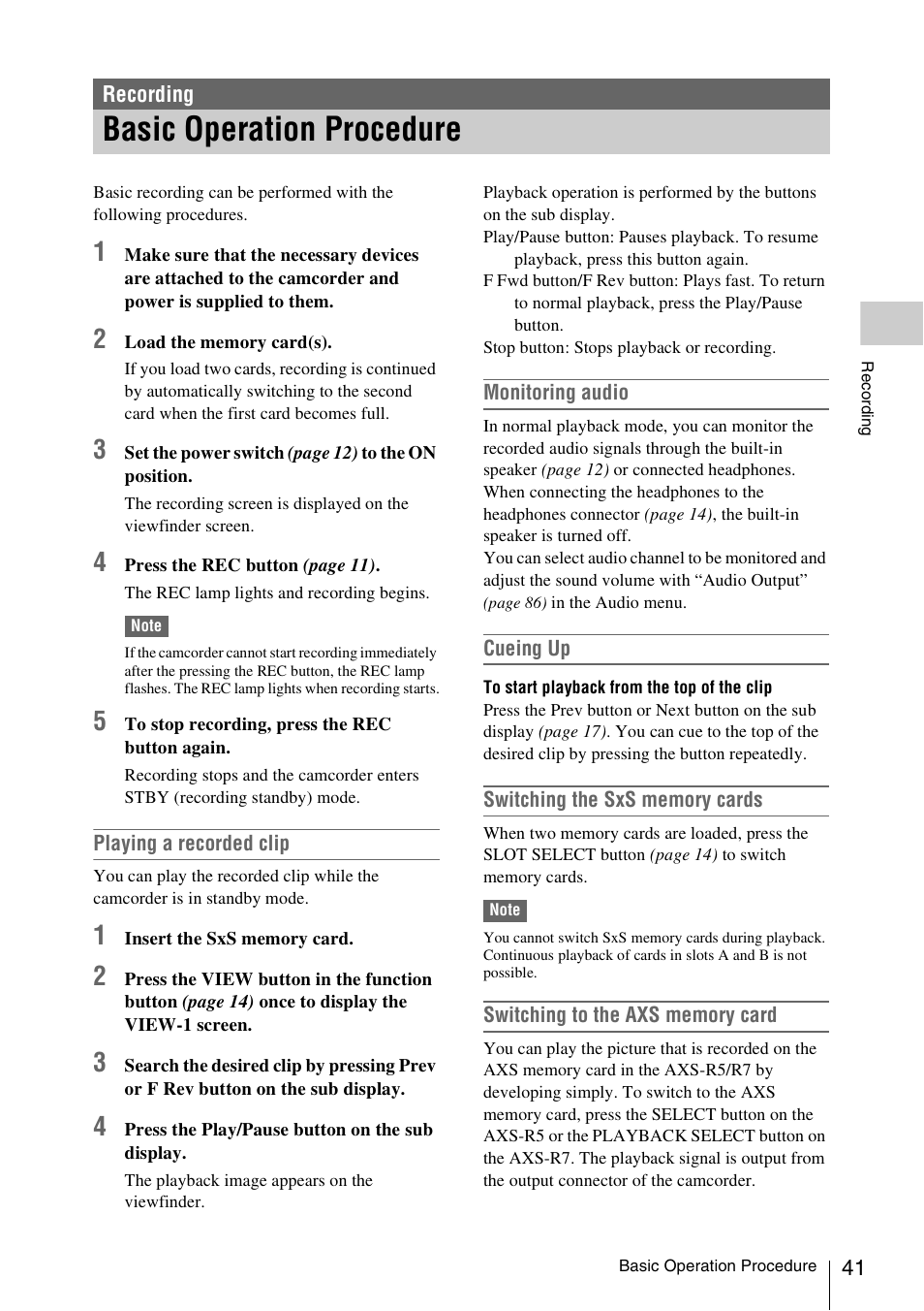 Recording, Basic operation procedure | Sony LA-EA5 A-Mount to E-Mount Adapter User Manual | Page 41 / 150