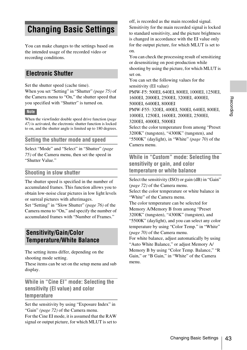 Changing basic settings, Electronic shutter, Sensitivity/gain/color temperature/white balance | Sony LA-EA5 A-Mount to E-Mount Adapter User Manual | Page 43 / 150