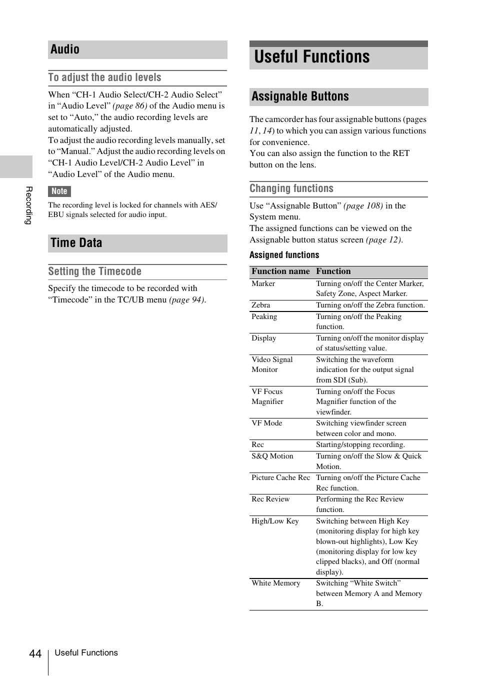 Audio, Time data, Useful functions | Assignable buttons, Audio time data, Setting the timecode, Changing functions | Sony LA-EA5 A-Mount to E-Mount Adapter User Manual | Page 44 / 150