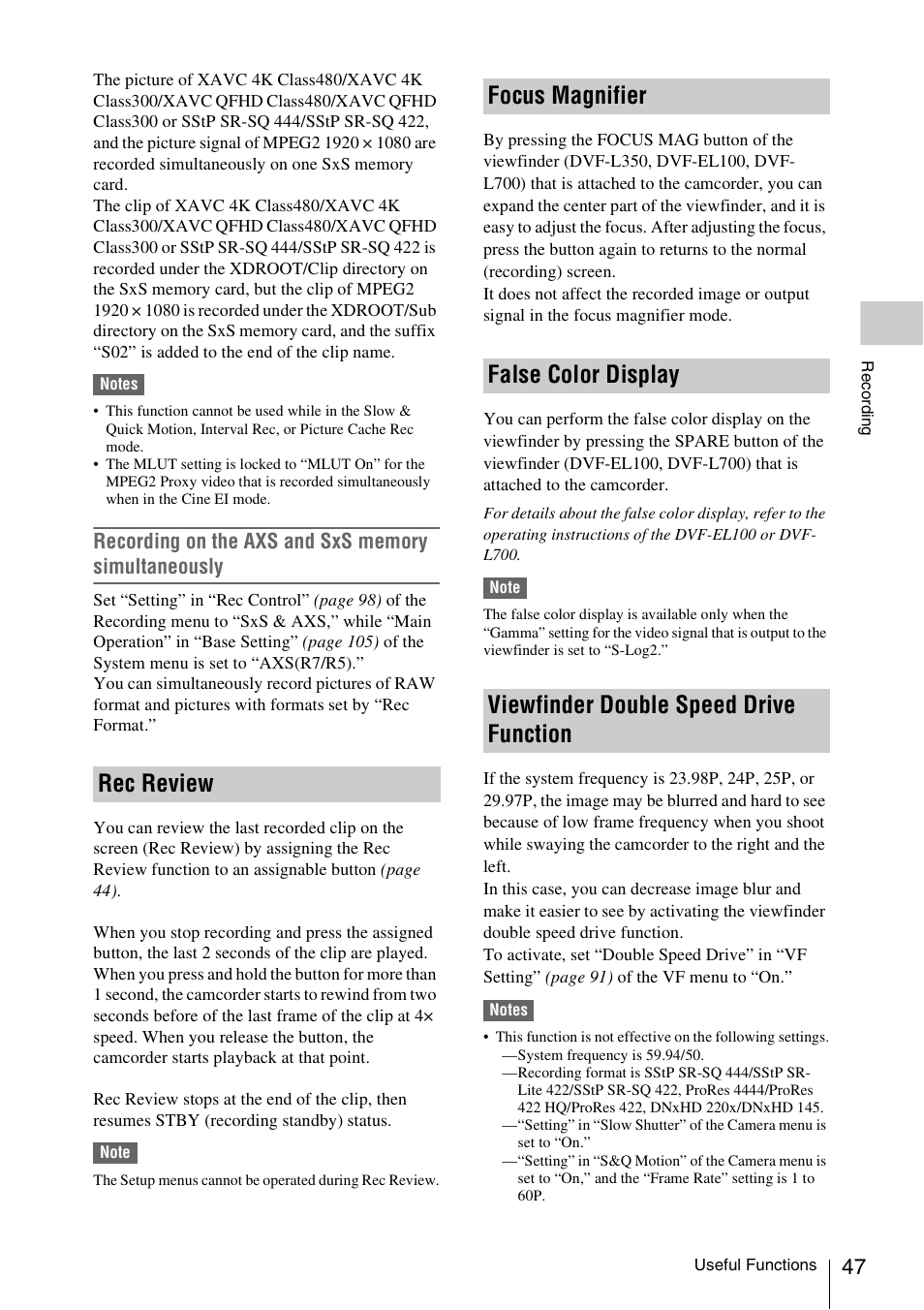 Rec review, Focus magnifier, False color display | Viewfinder double speed drive function | Sony LA-EA5 A-Mount to E-Mount Adapter User Manual | Page 47 / 150