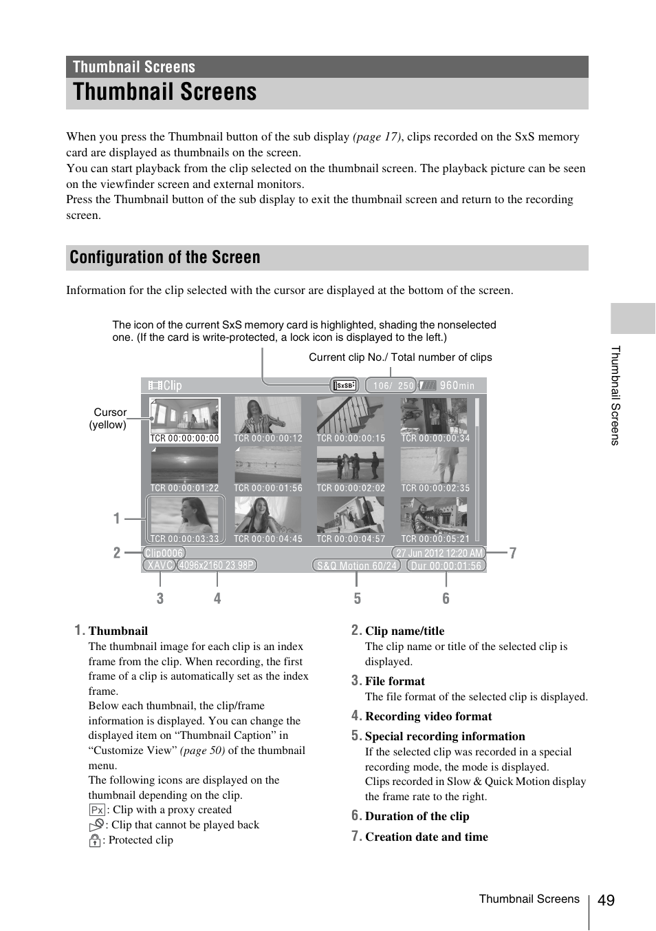 Thumbnail screens, Configuration of the screen, Layed | Sony LA-EA5 A-Mount to E-Mount Adapter User Manual | Page 49 / 150