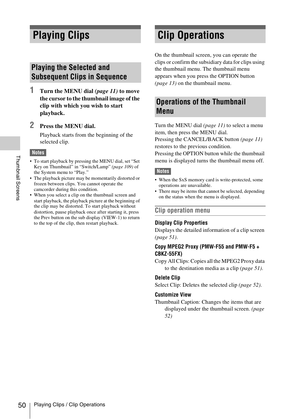 Playing clips, Clip operations, Operations of the thumbnail menu | Playing the selected and subsequent clips in, Sequence, Es 50 | Sony LA-EA5 A-Mount to E-Mount Adapter User Manual | Page 50 / 150