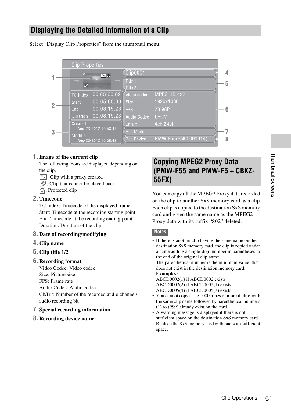 Displaying the detailed information of a clip, Pmw-f5 + cbkz-55fx) | Sony LA-EA5 A-Mount to E-Mount Adapter User Manual | Page 51 / 150