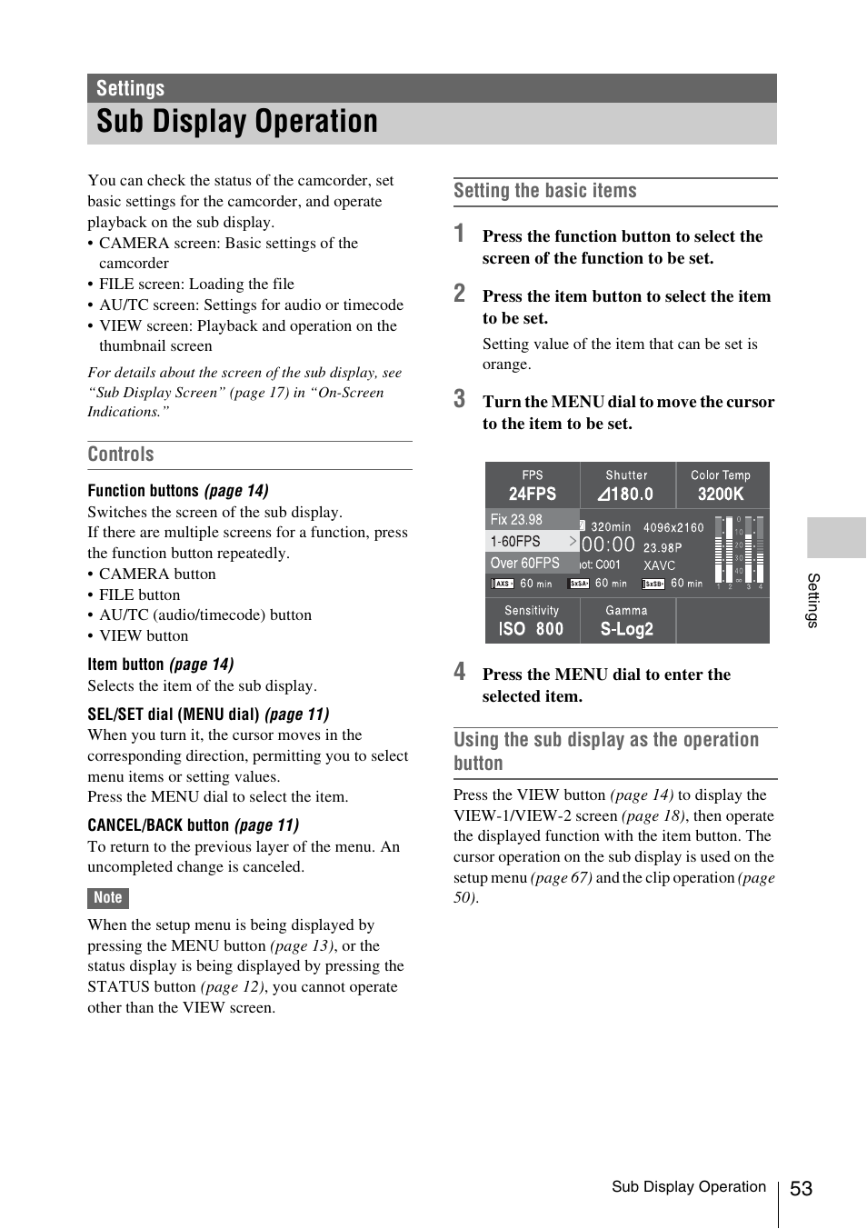 Settings, Sub display operation, S 53 | Sony LA-EA5 A-Mount to E-Mount Adapter User Manual | Page 53 / 150