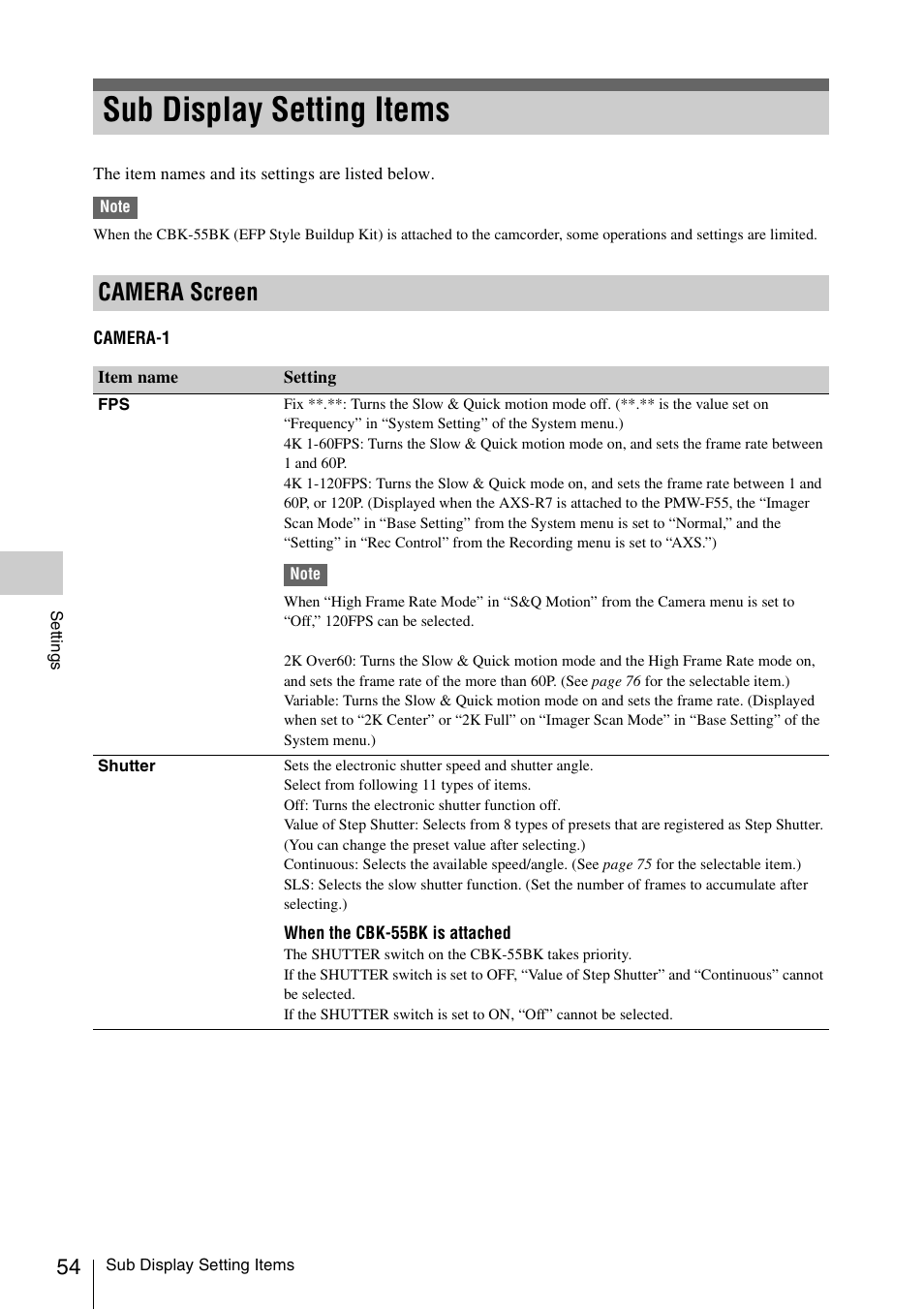 Sub display setting items, Camera screen | Sony LA-EA5 A-Mount to E-Mount Adapter User Manual | Page 54 / 150