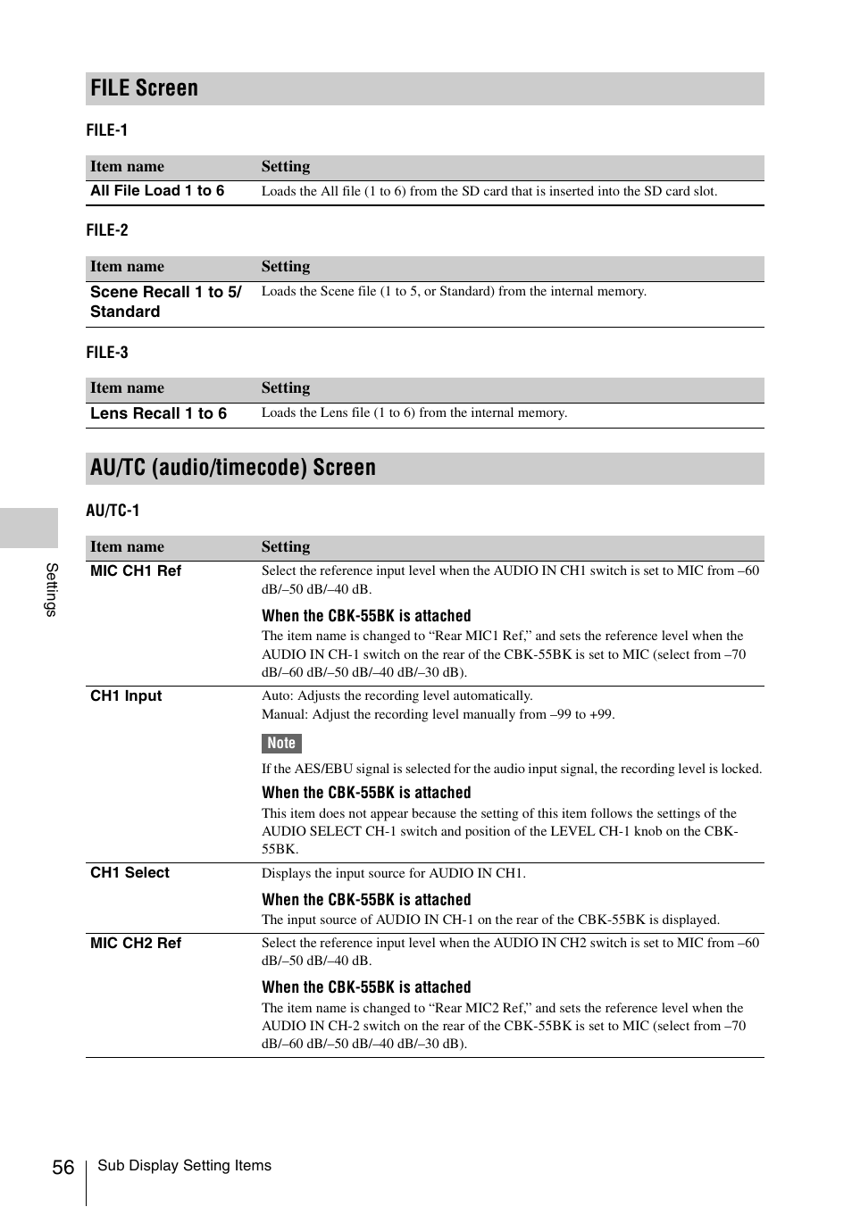 File screen, Au/tc (audio/timecode) screen, File screen au/tc (audio/timecode) screen | Sony LA-EA5 A-Mount to E-Mount Adapter User Manual | Page 56 / 150