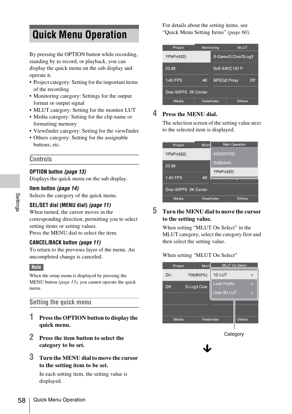 Quick menu operation | Sony LA-EA5 A-Mount to E-Mount Adapter User Manual | Page 58 / 150
