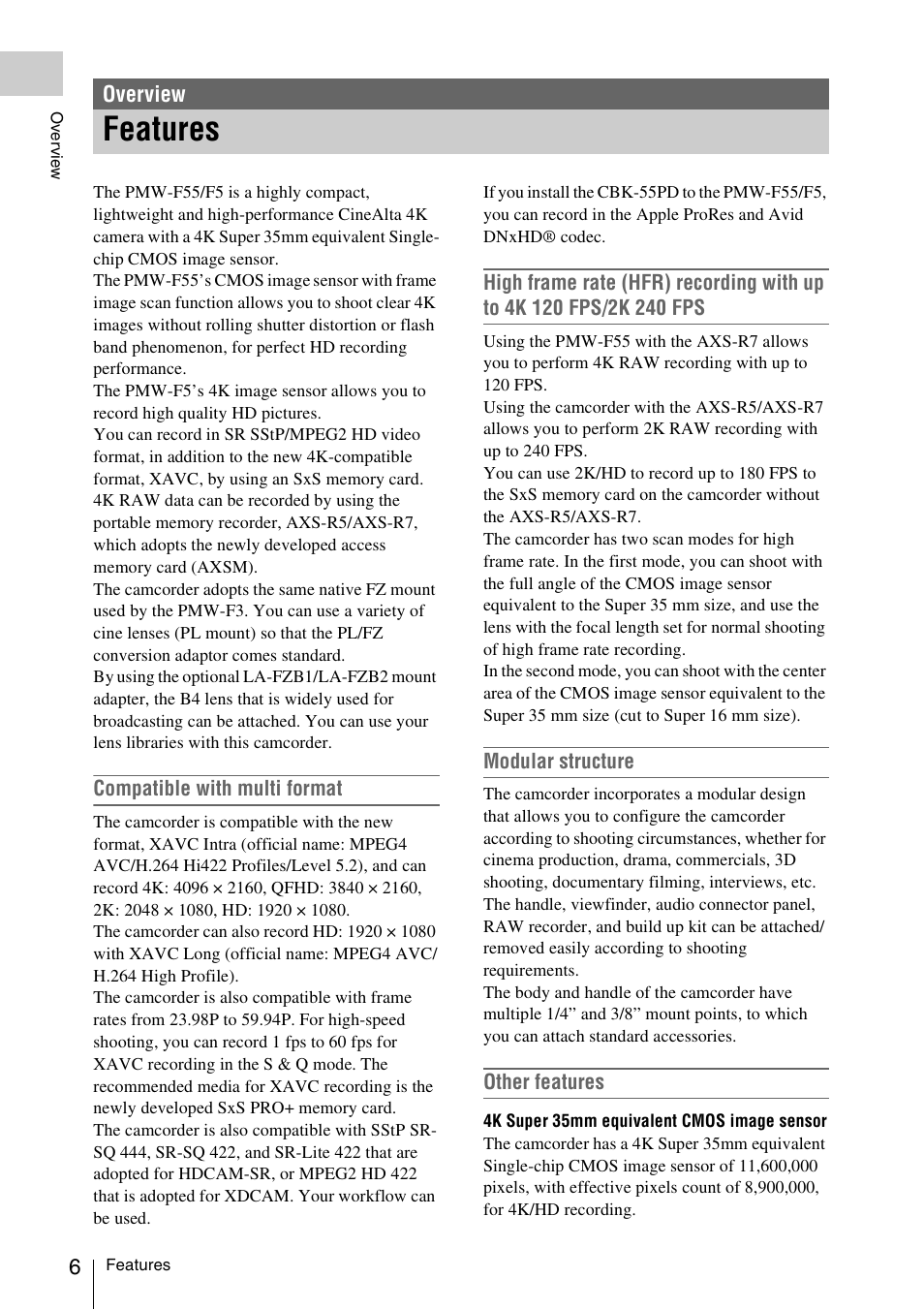 Overview, Features | Sony LA-EA5 A-Mount to E-Mount Adapter User Manual | Page 6 / 150