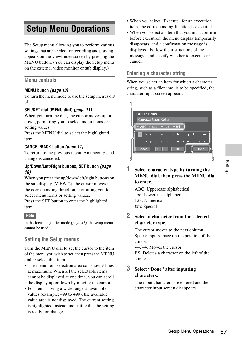 Setup menu operations | Sony LA-EA5 A-Mount to E-Mount Adapter User Manual | Page 67 / 150