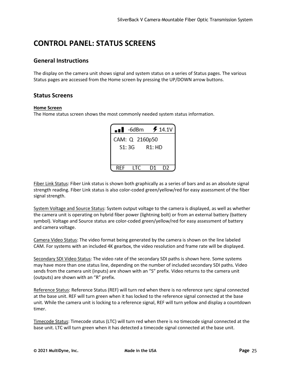 Control panel: status screens, General instructions, Status screens | Sony FE 2x Teleconverter User Manual | Page 25 / 64