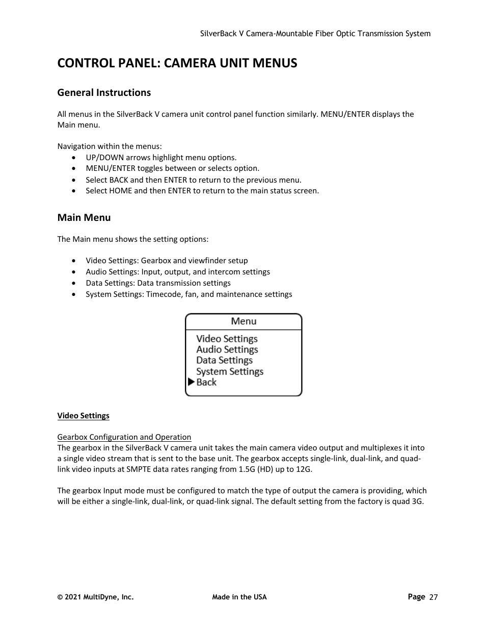 Control panel: camera unit menus, General instructions, Main menu | Sony FE 2x Teleconverter User Manual | Page 27 / 64