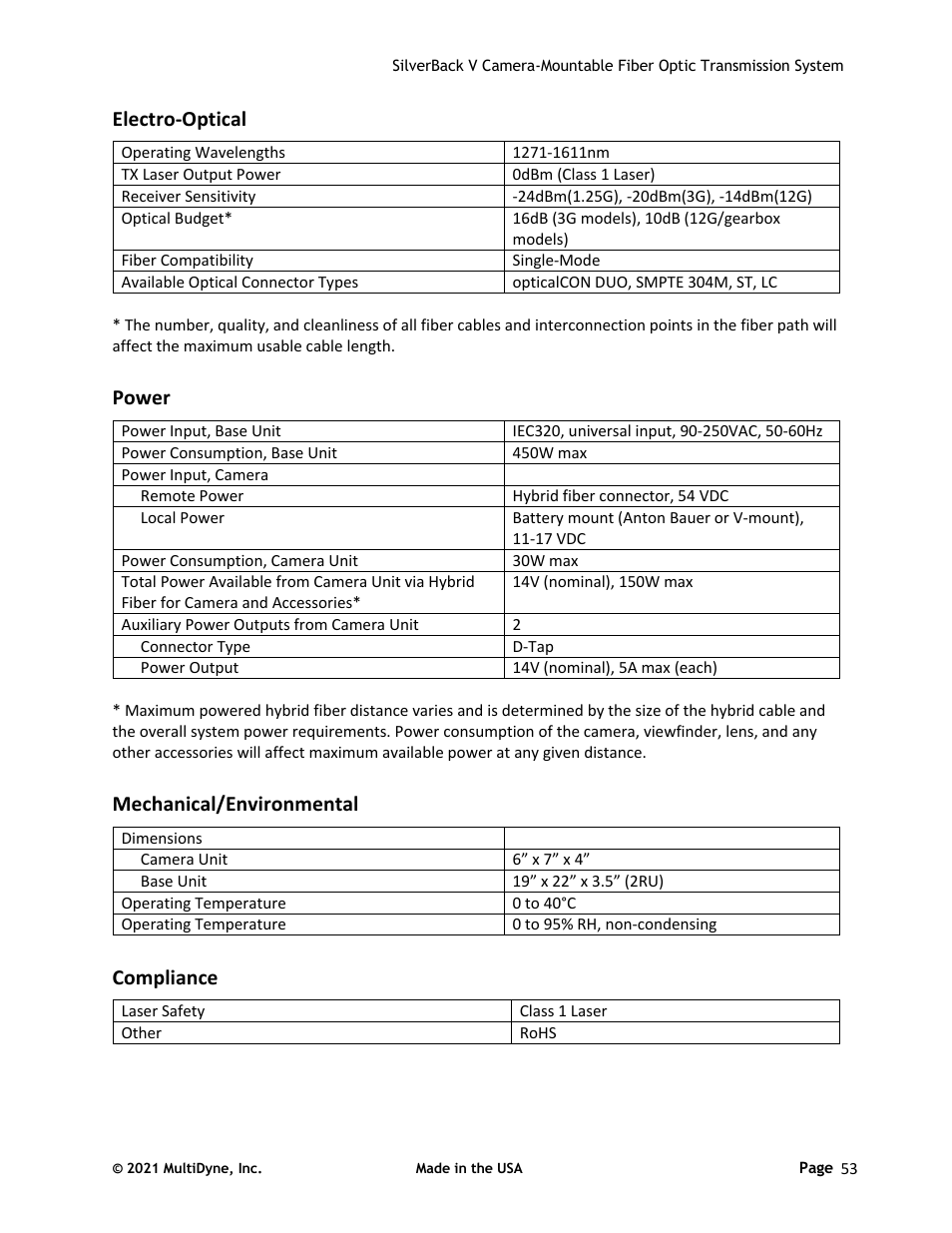 Electro-optical, Power, Mechanical/environmental | Compliance | Sony FE 2x Teleconverter User Manual | Page 53 / 64