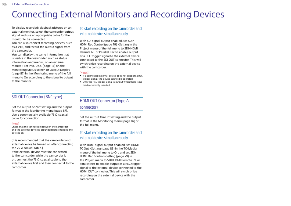 External device connection, Connecting external monitors and recording devices, Connecting external monitors and recording | Devices, Sdi out connector (bnc type), Hdmi out connector (type a connector) | Sony DT 11-18mm f/4.5-5.6 Lens User Manual | Page 106 / 134