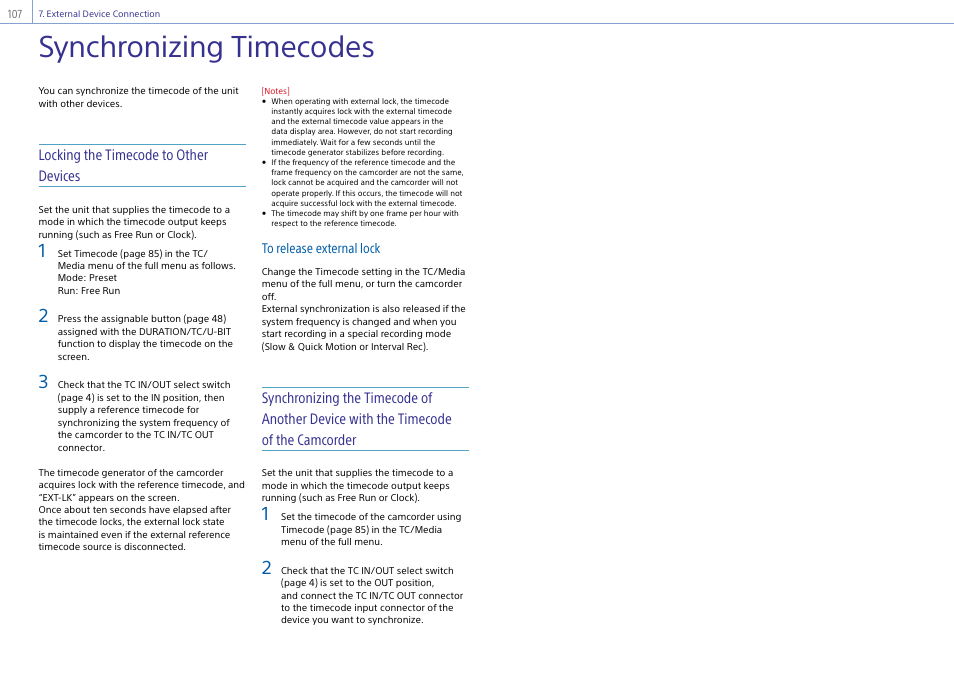 Synchronizing timecodes, Locking the timecode to other devices | Sony DT 11-18mm f/4.5-5.6 Lens User Manual | Page 107 / 134
