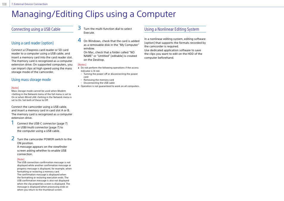 Managing/editing clips using a computer, Connecting using a usb cable, Using a nonlinear editing system | Using a card reader (option), Using mass storage mode | Sony DT 11-18mm f/4.5-5.6 Lens User Manual | Page 108 / 134