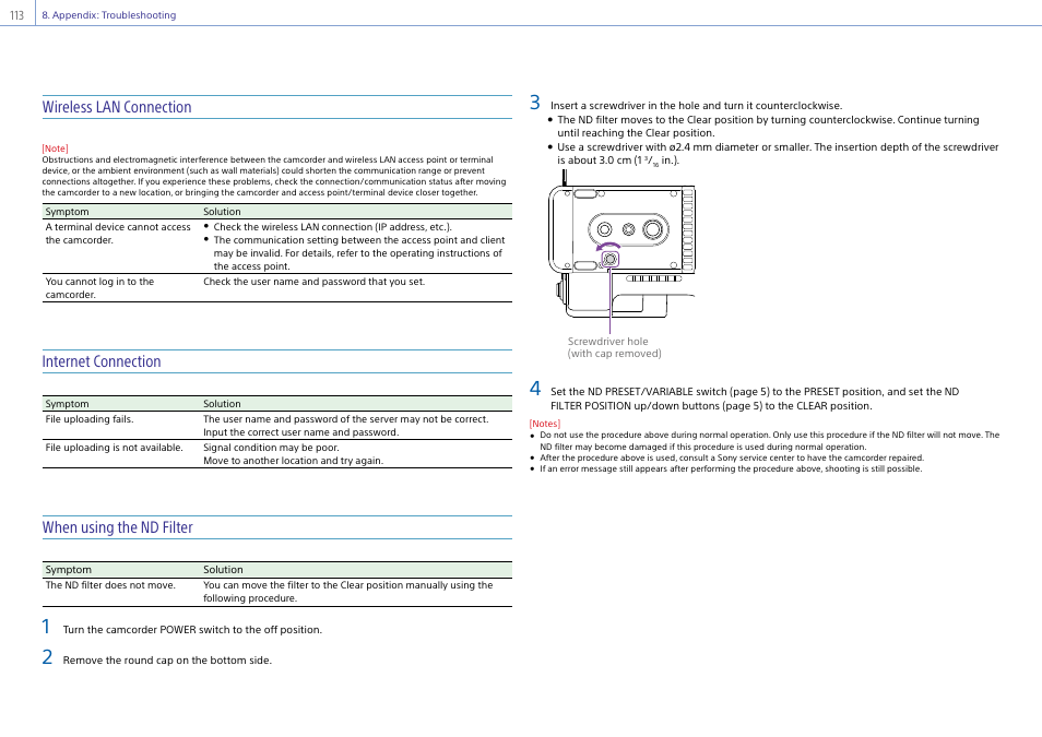 Wireless lan connection, Internet connection, When using the nd filter | Sony DT 11-18mm f/4.5-5.6 Lens User Manual | Page 113 / 134