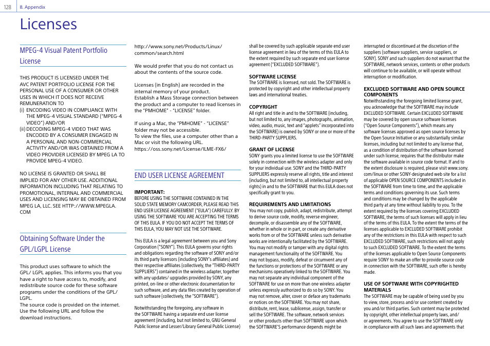 Licenses, Mpeg-4 visual patent portfolio license, Obtaining software under the gpl/lgpl license | End user license agreement | Sony DT 11-18mm f/4.5-5.6 Lens User Manual | Page 128 / 134