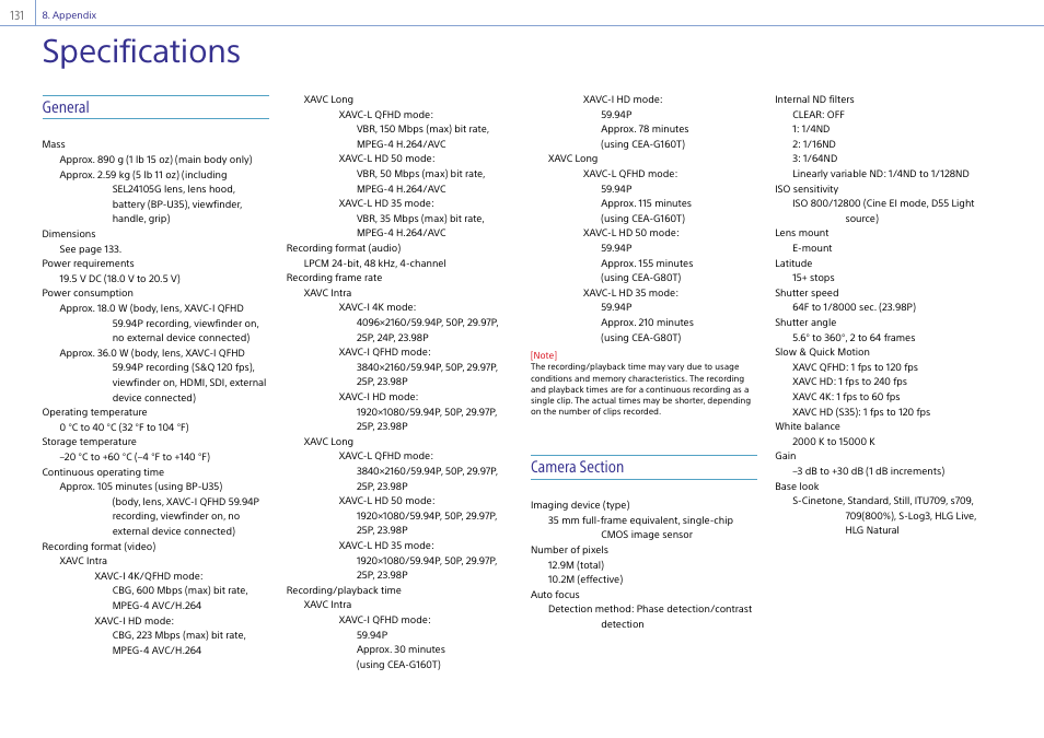 Specifications, General | Sony DT 11-18mm f/4.5-5.6 Lens User Manual | Page 131 / 134