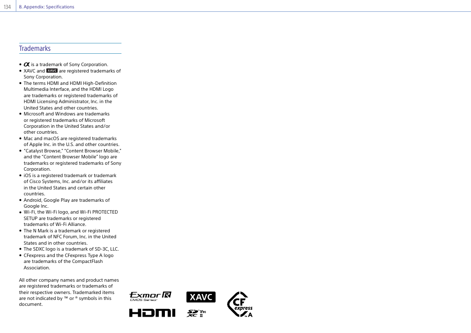 Trademarks | Sony DT 11-18mm f/4.5-5.6 Lens User Manual | Page 134 / 134