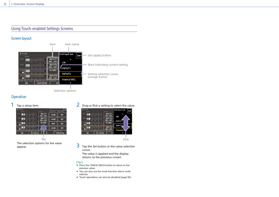 Using touch-enabled settings screens, Screen layout, Operation | Sony DT 11-18mm f/4.5-5.6 Lens User Manual | Page 16 / 134