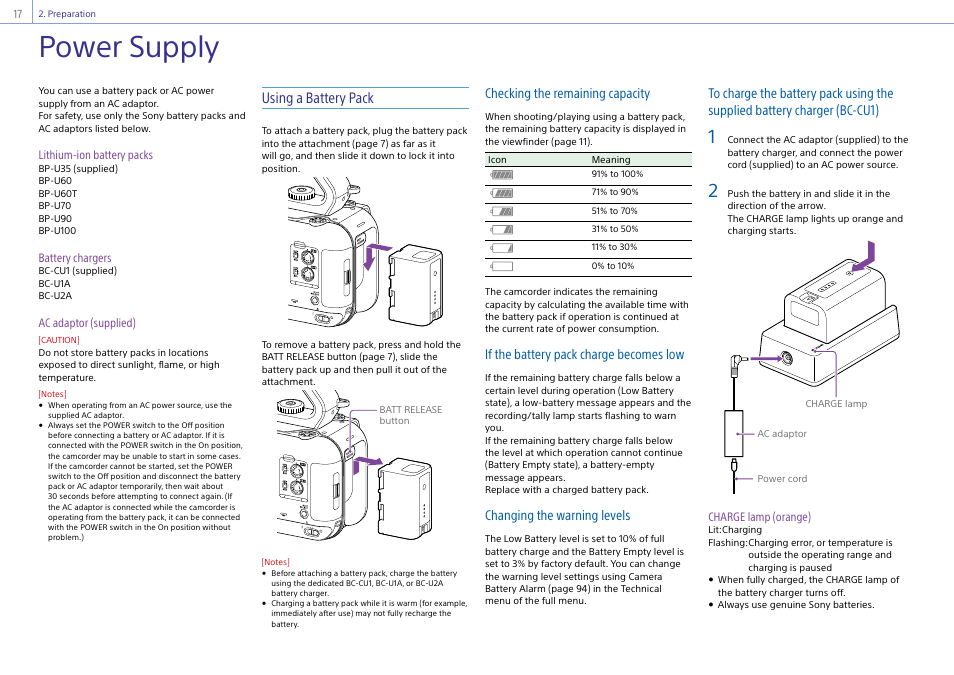 Preparation, Power supply, Using a battery pack | Checking the remaining capacity, If the battery pack charge becomes low, Changing the warning levels | Sony DT 11-18mm f/4.5-5.6 Lens User Manual | Page 17 / 134