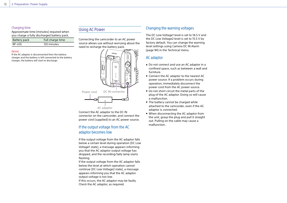 Using ac power, Changing the warning voltages, Ac adaptor | Sony DT 11-18mm f/4.5-5.6 Lens User Manual | Page 18 / 134