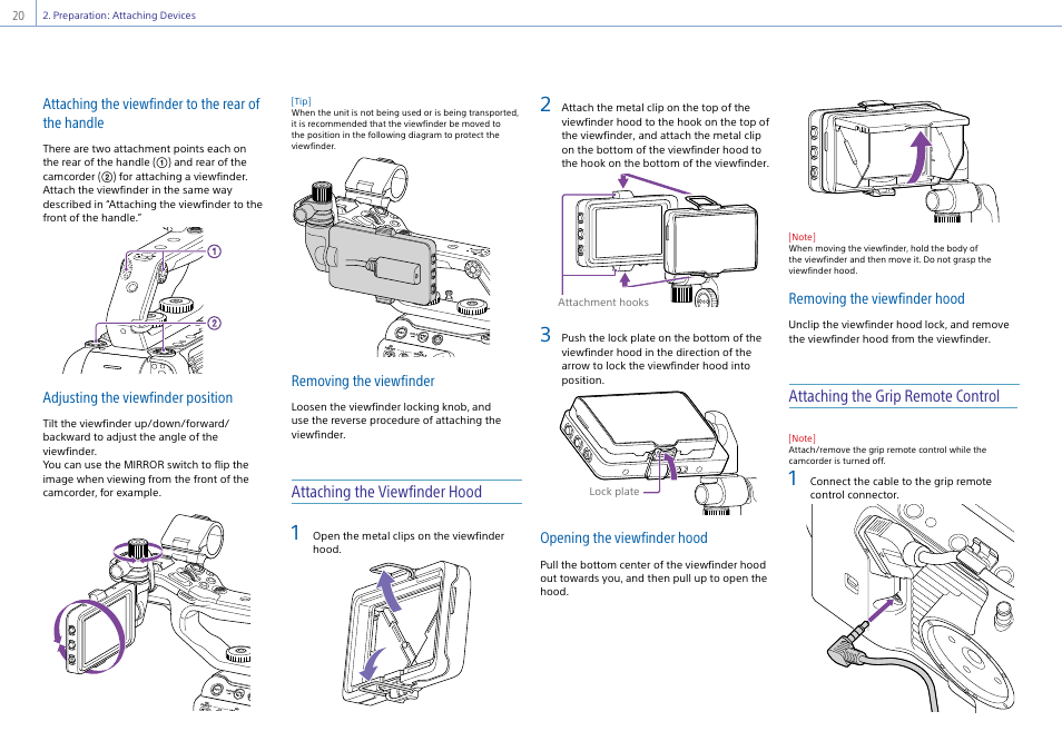 Attaching the viewfinder hood, Attaching the grip remote control | Sony DT 11-18mm f/4.5-5.6 Lens User Manual | Page 20 / 134