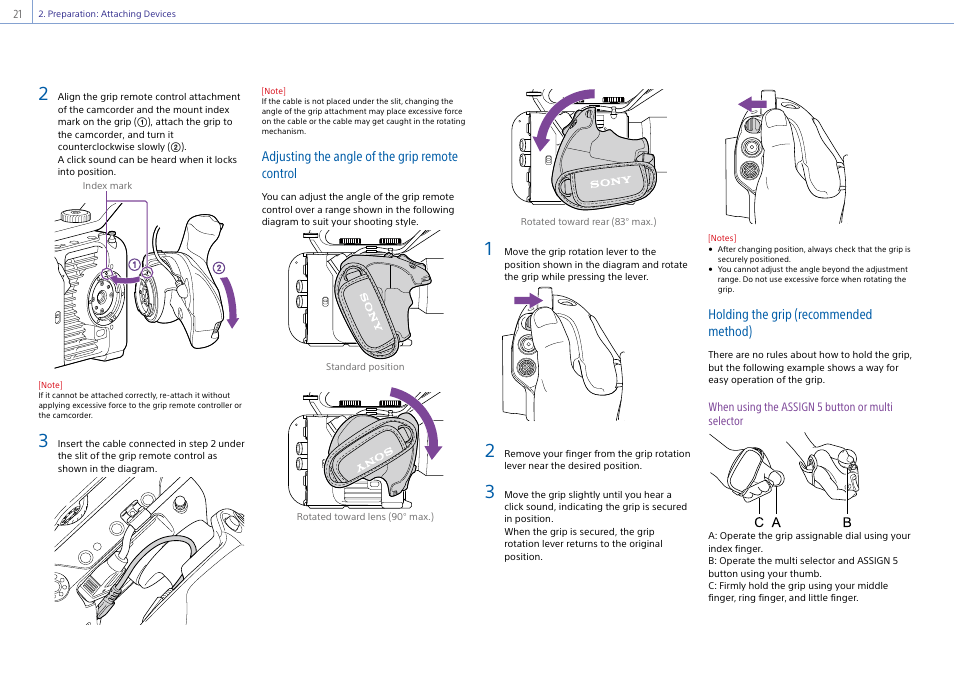 Adjusting the angle of the grip remote control, Holding the grip (recommended method) | Sony DT 11-18mm f/4.5-5.6 Lens User Manual | Page 21 / 134