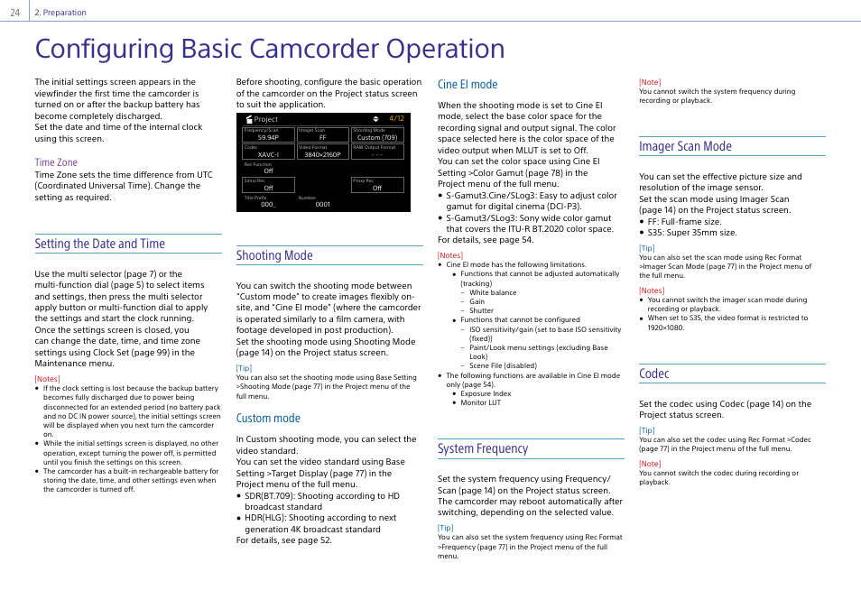 Configuring basic camcorder operation, Setting the date and time, Shooting mode | System frequency, Imager scan mode, Codec, Custom mode, Cine ei mode, Time zone | Sony DT 11-18mm f/4.5-5.6 Lens User Manual | Page 24 / 134