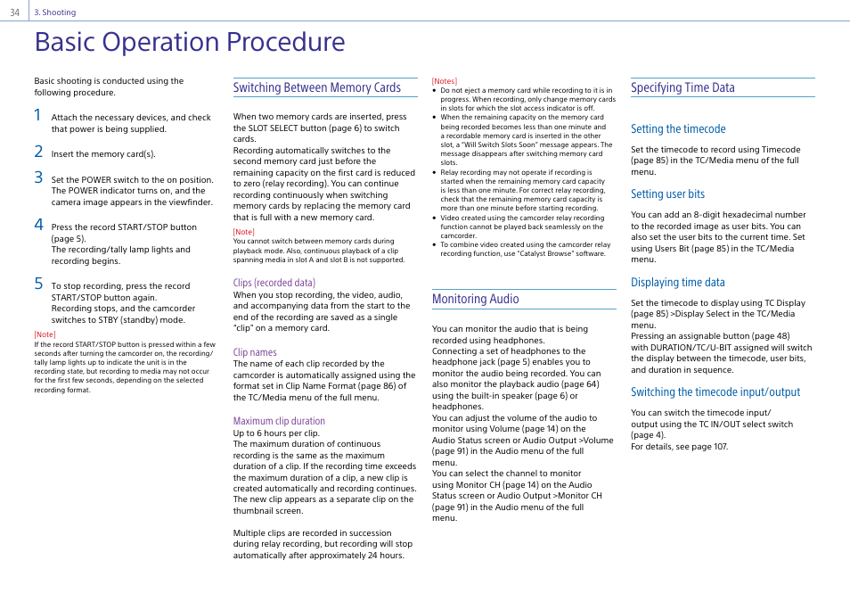 Shooting, Basic operation procedure, Monitoring audio | Specifying time data | Sony DT 11-18mm f/4.5-5.6 Lens User Manual | Page 34 / 134