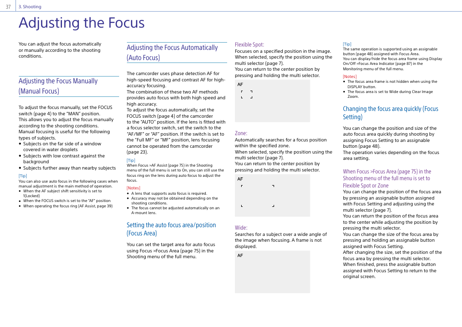 Adjusting the focus, Adjusting the focus manually (manual focus), Adjusting the focus automatically (auto focus) | Setting the auto focus area/position (focus area), Changing the focus area quickly (focus setting) | Sony DT 11-18mm f/4.5-5.6 Lens User Manual | Page 37 / 134