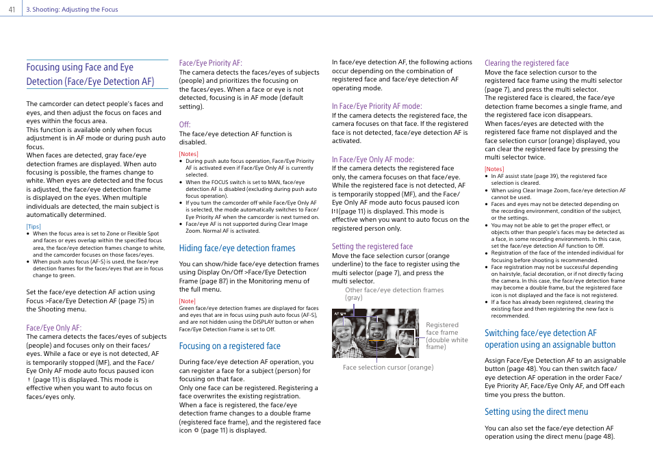 Hiding face/eye detection frames, Focusing on a registered face, Setting using the direct menu | Sony DT 11-18mm f/4.5-5.6 Lens User Manual | Page 41 / 134