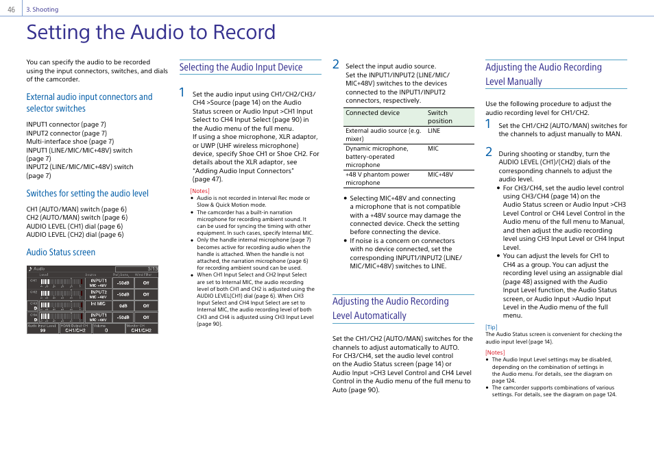 Setting the audio to record, Selecting the audio input device, Adjusting the audio recording level automatically | Adjusting the audio recording level manually, Switches for setting the audio level, Audio status screen | Sony DT 11-18mm f/4.5-5.6 Lens User Manual | Page 46 / 134