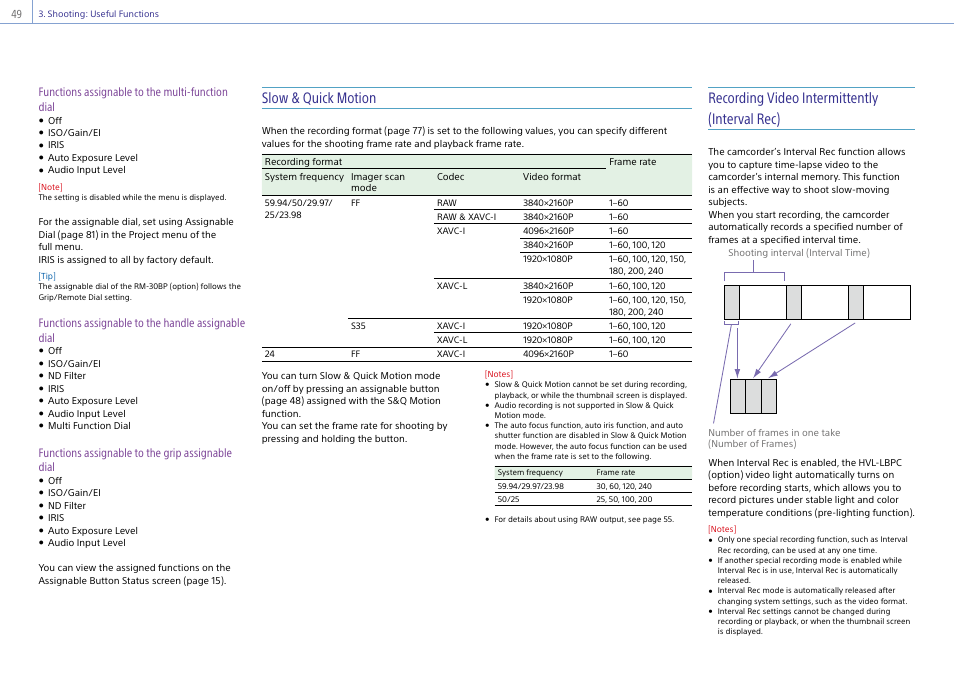 Slow & quick motion, Recording video intermittently (interval rec), Functions assignable to the multi-function dial | Functions assignable to the handle assignable dial, Functions assignable to the grip assignable dial | Sony DT 11-18mm f/4.5-5.6 Lens User Manual | Page 49 / 134