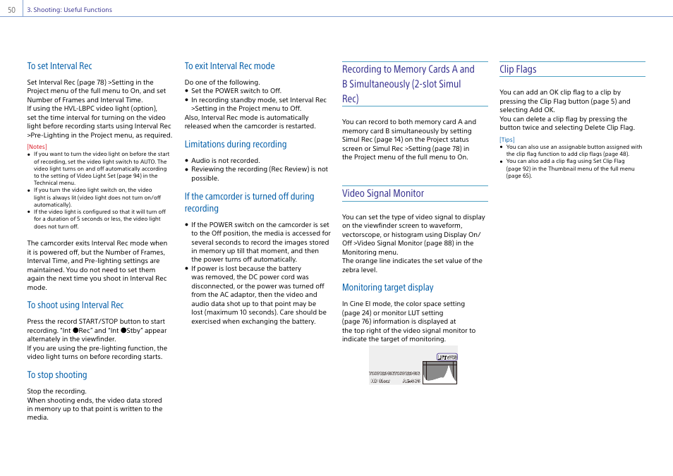 Video signal monitor, Clip flags, Limitations during recording | If the camcorder is turned off during recording, Monitoring target display | Sony DT 11-18mm f/4.5-5.6 Lens User Manual | Page 50 / 134