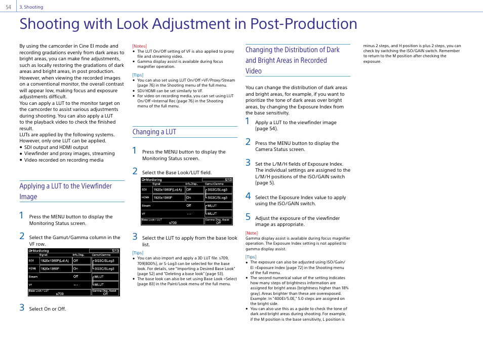 Shooting with look adjustment in post-production, Shooting with look adjustment in, Post-production | Applying a lut to the viewfinder image, Changing a lut | Sony DT 11-18mm f/4.5-5.6 Lens User Manual | Page 54 / 134