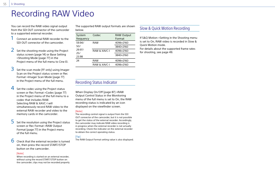 Recording raw video, Recording status indicator, Slow & quick motion recording | Sony DT 11-18mm f/4.5-5.6 Lens User Manual | Page 55 / 134