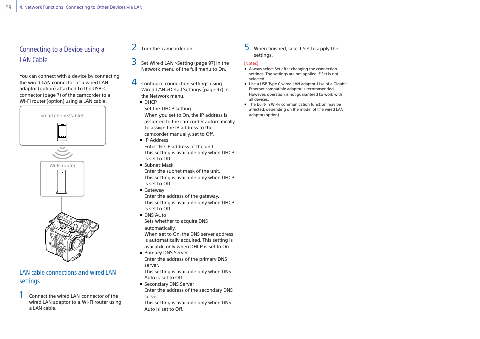 Connecting to a device using a lan cable, Lan cable connections and wired lan settings | Sony DT 11-18mm f/4.5-5.6 Lens User Manual | Page 59 / 134