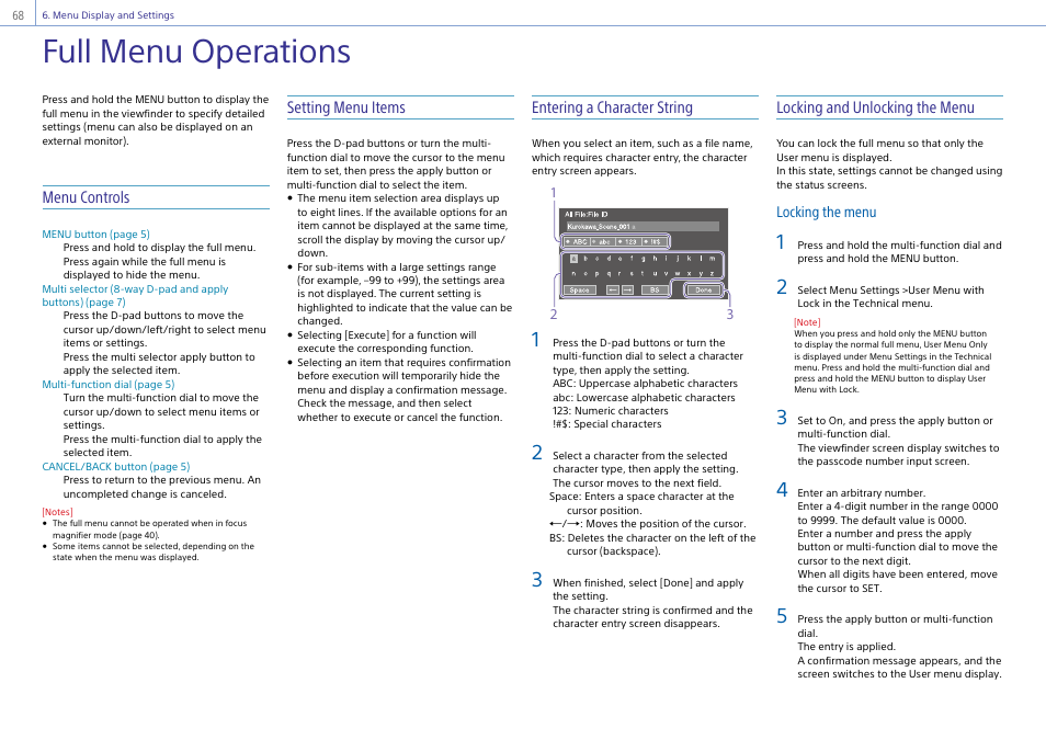 Full menu operations, Menu controls, Setting menu items | Entering a character string, Locking and unlocking the menu | Sony DT 11-18mm f/4.5-5.6 Lens User Manual | Page 68 / 134