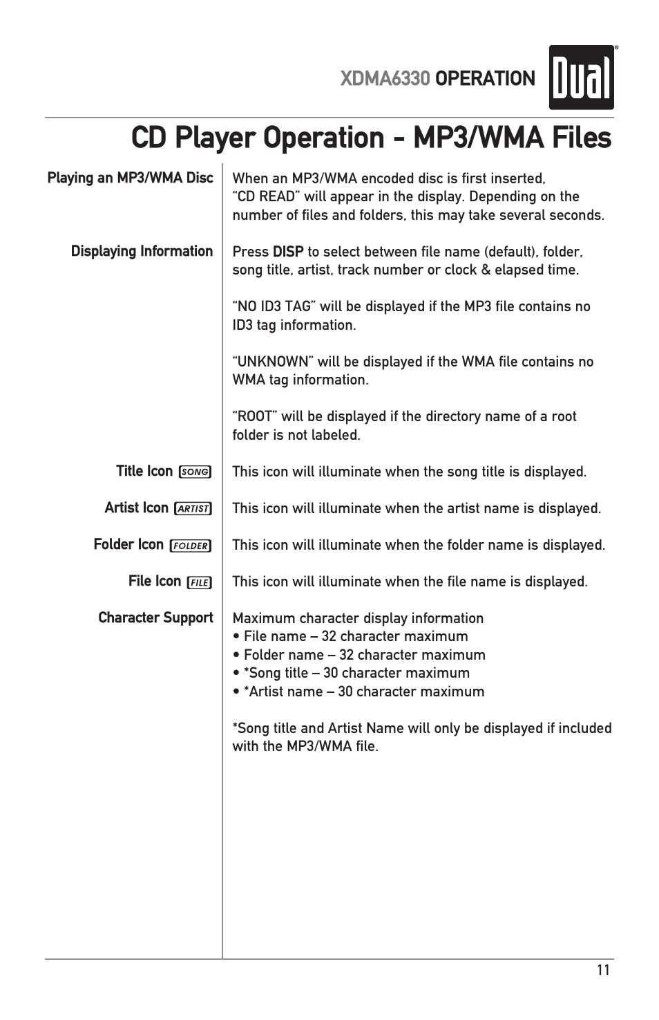 Cd player operation - mp3/wma files, Xdma6330 operation | Dual XDMA6330 User Manual | Page 11 / 32