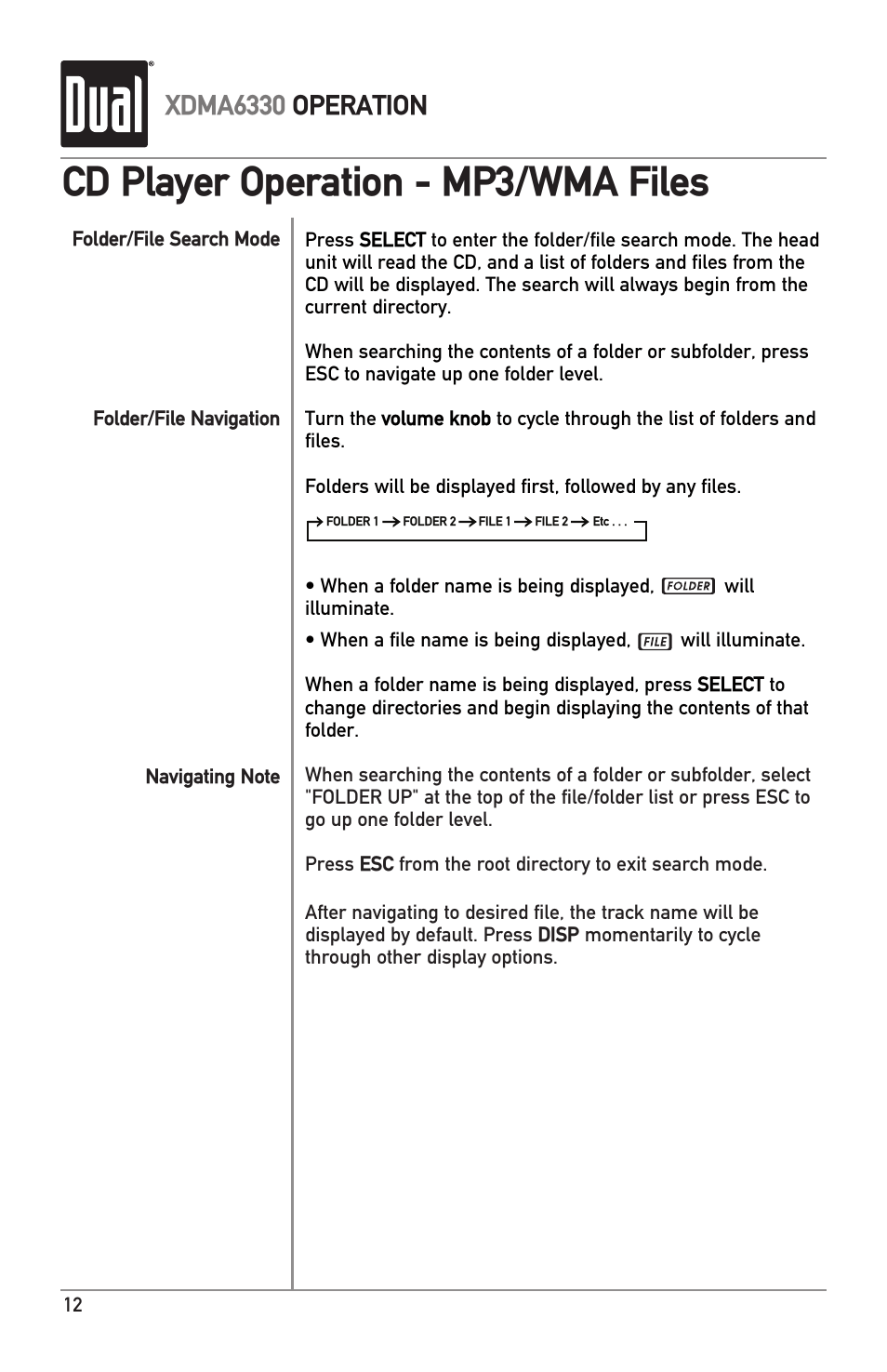 Cd player operation - mp3/wma files, Xdma6330 operation | Dual XDMA6330 User Manual | Page 12 / 32