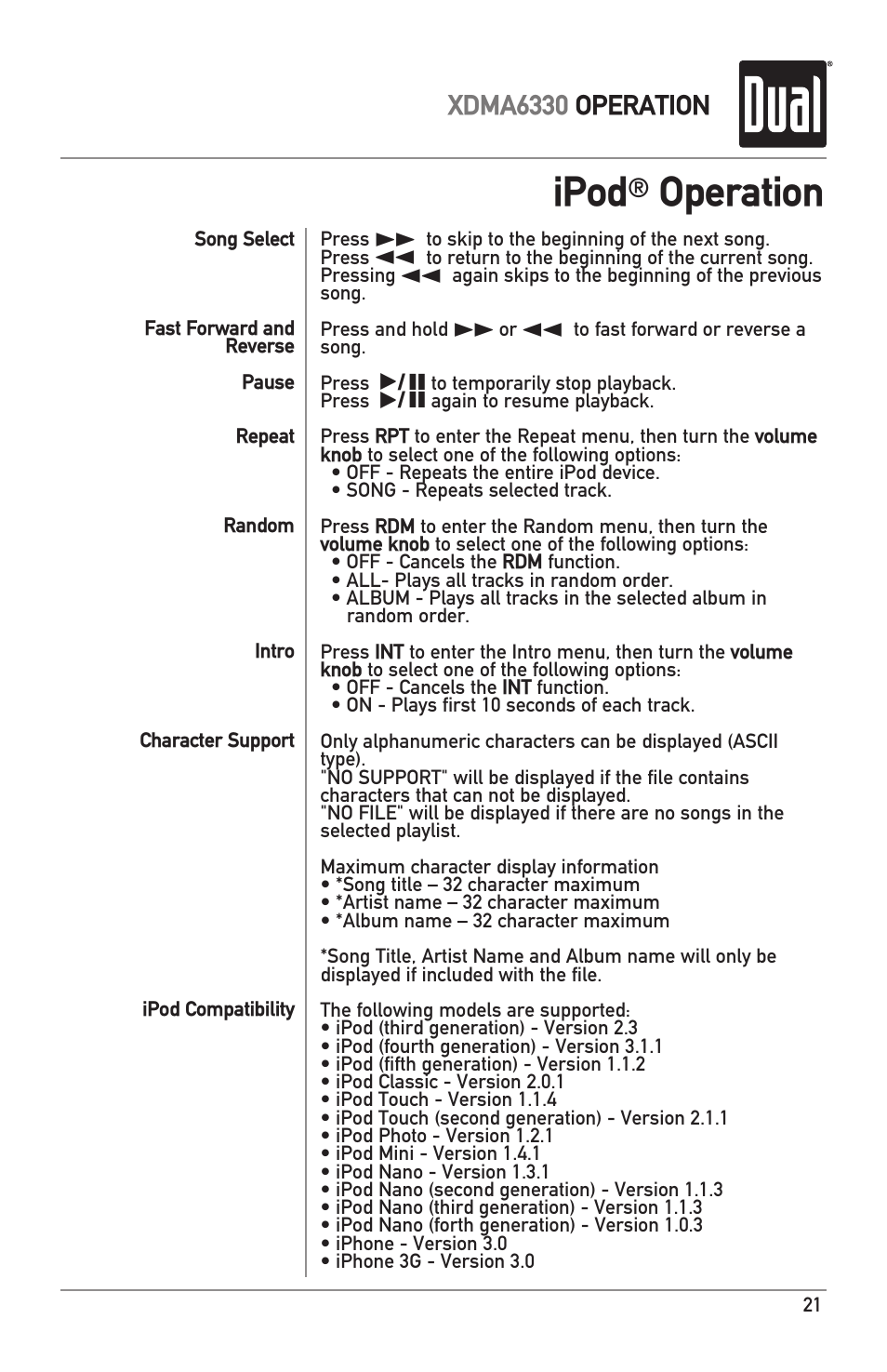 Ipod, Operation, Xdma6330 operation | Dual XDMA6330 User Manual | Page 21 / 32