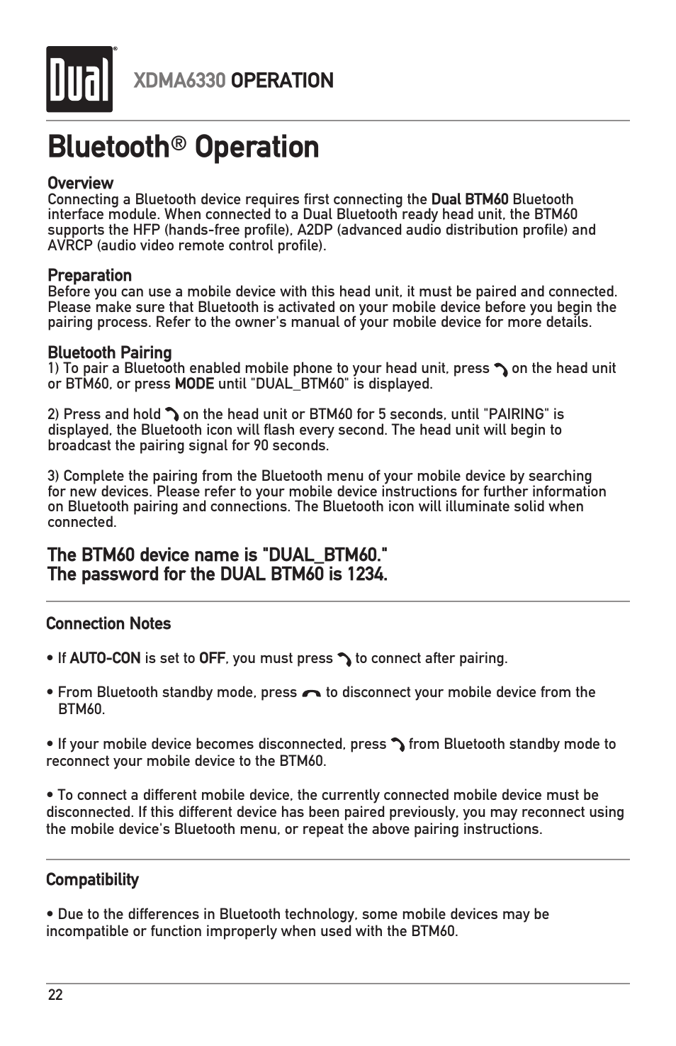 Bluetooth, Operation, Xdma6330 operation | Dual XDMA6330 User Manual | Page 22 / 32