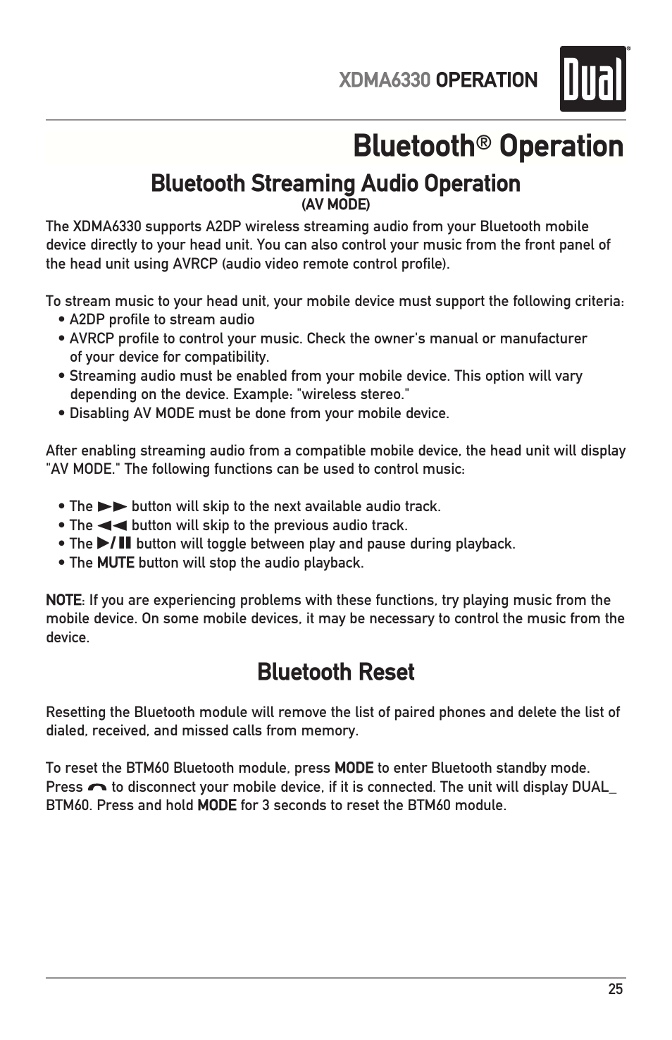 Bluetooth, Operation, Bluetooth reset | Bluetooth streaming audio operation | Dual XDMA6330 User Manual | Page 25 / 32